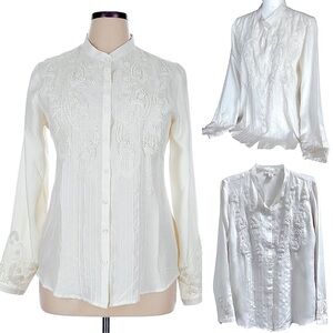 Sundance 100% Silk Button Up Long Sleeve Embroidered Women's Top Eggshell Sz 14